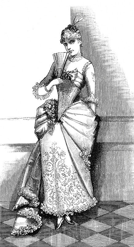 维也纳时装模特身穿soir<s:1>连衣裙,手持扇子,全长,正面